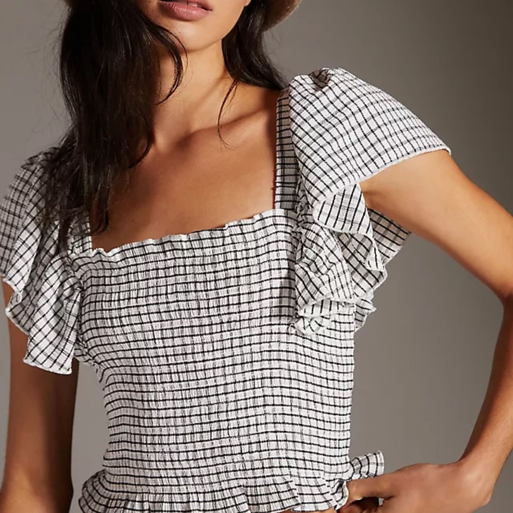 Women's Madewell Black and White Checkered Ruffle Top